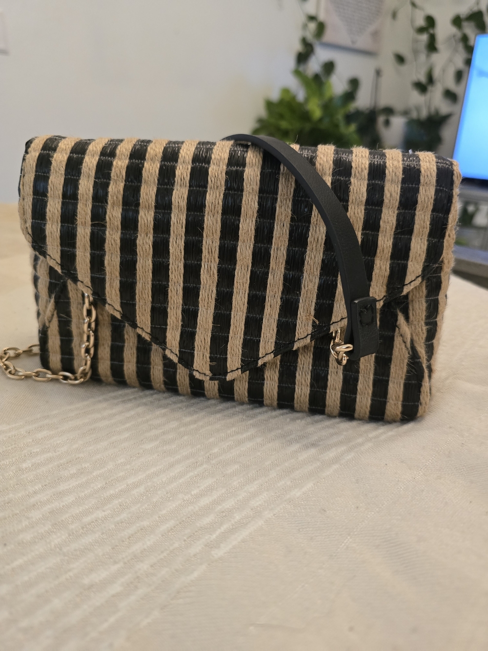 H&M Black and Natural Striped Woven Clutch with Chain Strap